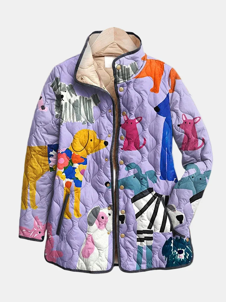 Rhea – Casual Quilted Jacket with Dog Print