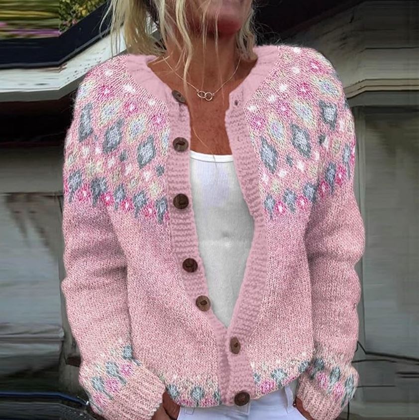 Sofie - Pink Loose Fitting Cardigan with Print