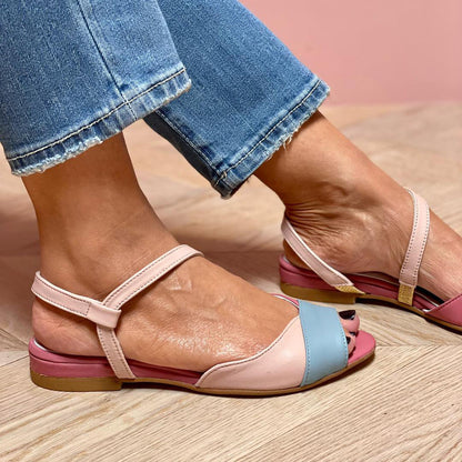 Roselina | Asymmetrical Pink Sandals in Color-Block Style