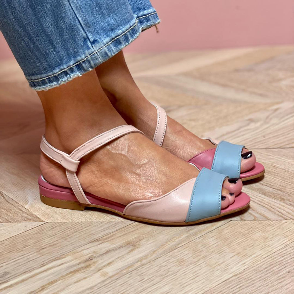 Roselina | Asymmetrical Pink Sandals in Color-Block Style
