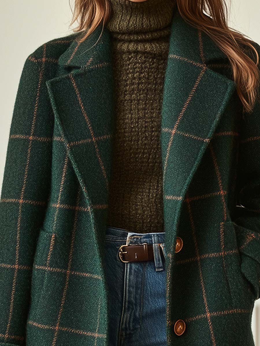 Cara – Retro Lapel Plaid Tweed Coat