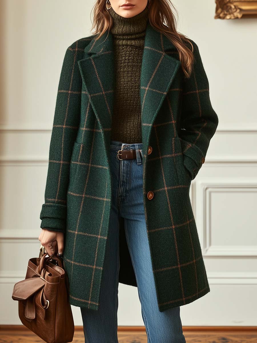 Cara – Retro Lapel Plaid Tweed Coat