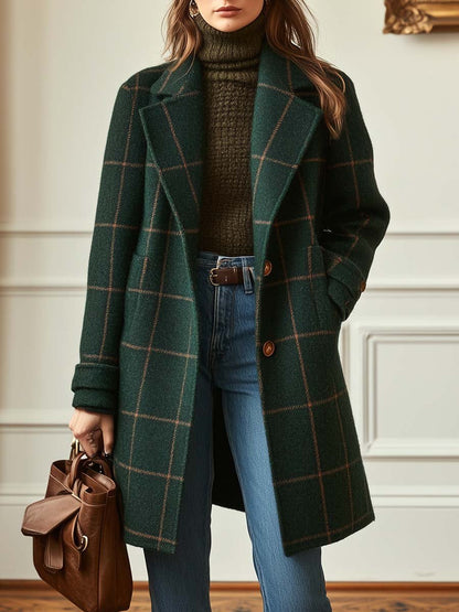 Cara – Retro Lapel Plaid Tweed Coat