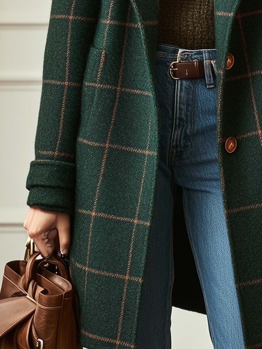Cara – Retro Lapel Plaid Tweed Coat